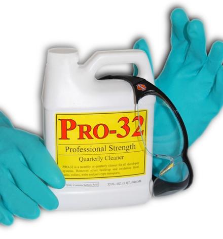 gloves. Professional strength Pro-32 is step 3 of a 3-part cleaning process for your x-ray processor. No scrubbing, 20-min.