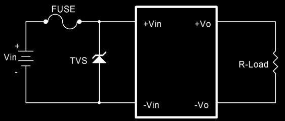 It is recommended that the circuit have a transient voltage suppressor diode (TVS) across the input terminal to protect the unit against surge or spike voltage and input reverse voltage (as shown).