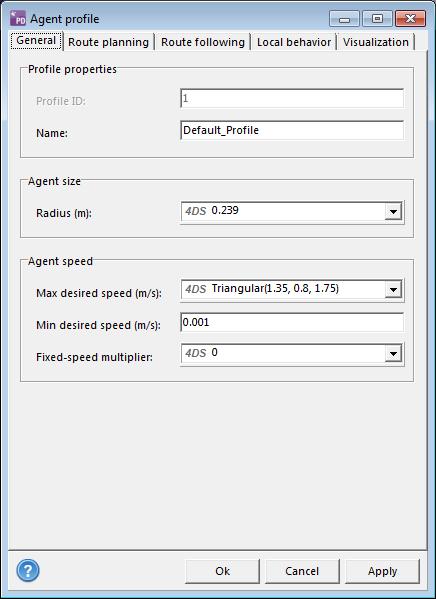 Pedestrian Dynamics Tutorial 20 Figure 17: The Agent profile dialog. Click Add to add a new Agent profile.