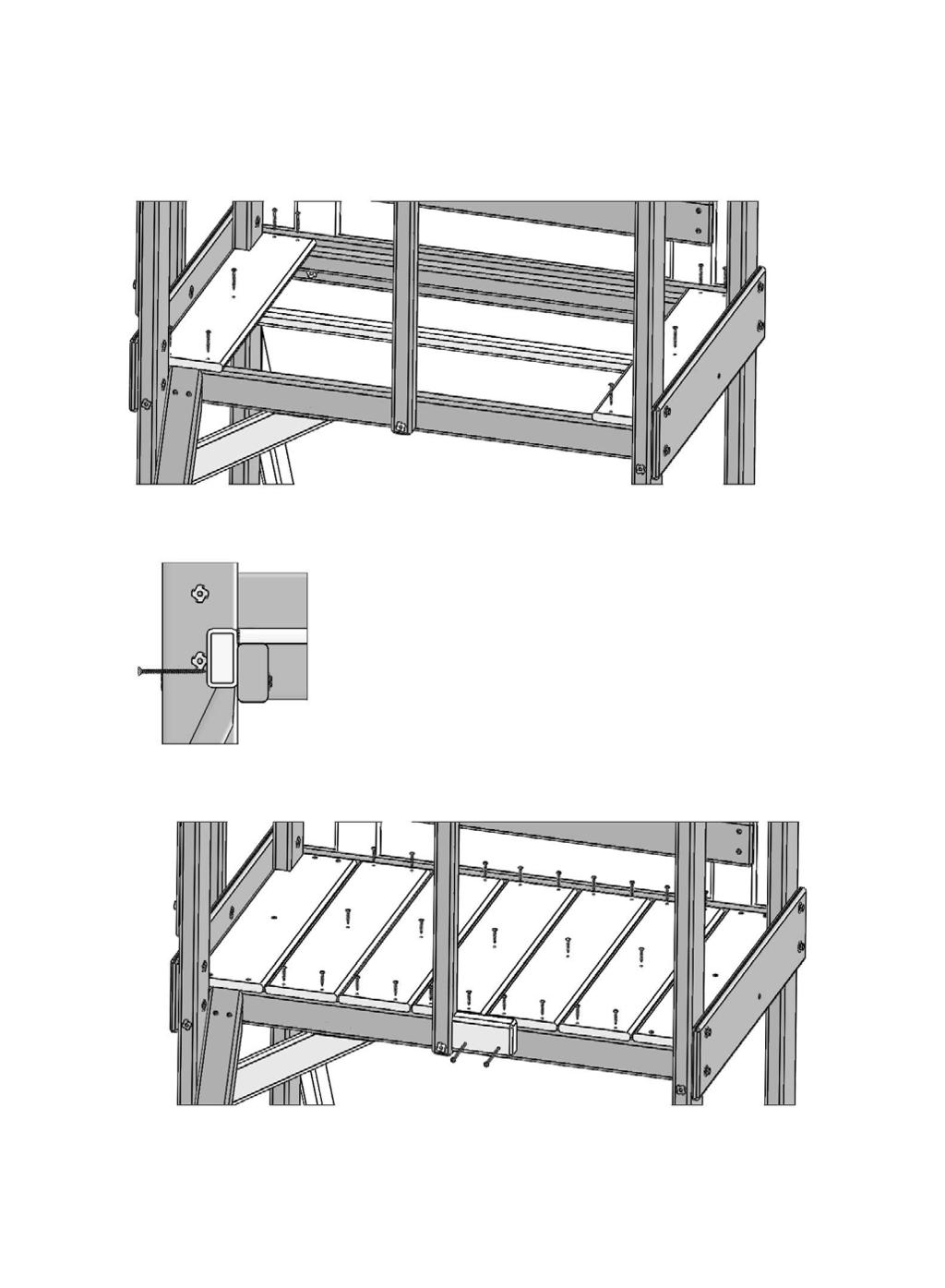 Step 15: Attach Floor Boards A: Install 1 (A4) CE Gap Board to each end of the assembly attaching to (A25) Side Joist, (A27) Floor Joist and (A28) Front Floor using 5 (S2) #8 x 1-1/2 Wood Screws per