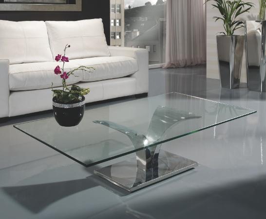 Mesa de centro rectangular realizada en acero inoxidable, tapa de cristal canto pulido de 12 mm de grosor.
