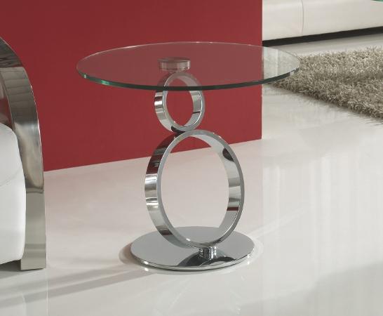 Mesa de centro realizada en metal acabado cromo, con dos tapas de cristal giratorias de 12 mm y 10 mm de grosor, que permiten dar diferentes formas y dimensiones a la mesa.
