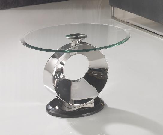 LUNA MOBILIARIO DE ACERO/STEEL FURNITURE Mesa de rincón redonda realizada en acero inoxidable, tapa de cristal biselado de 12 mm de grosor y