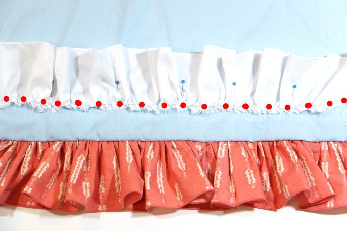 .. Step 13: Place the Bottom Ruffle on the Skirt Lining, right sides together (the wrong side of the ruffle will be visible).
