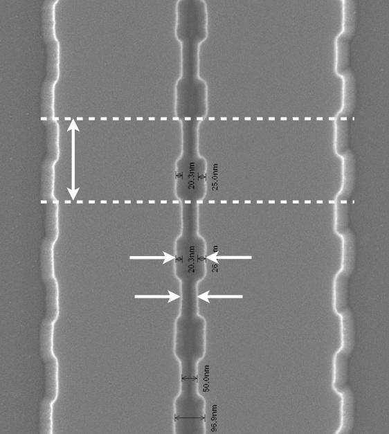 Through Add ΔW In Λ W In W D ΔW D 32 nm Input Drop 1 nm 5 nm λd Fig 2 Schematic of an AR contra-dc; SEM image of a fabricated AR contra-dc The designed contra-dcs were fabricated using e-beam