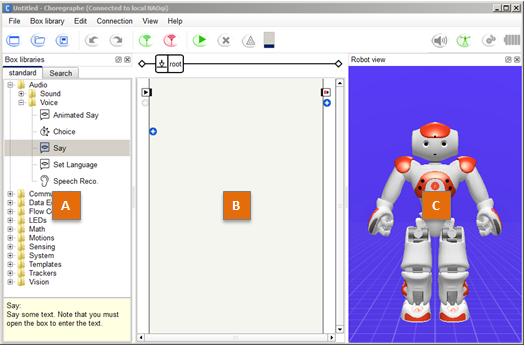 Figure 8: Choregraphe Overview. A Box libraries panel. B Flow diagram Panel. C Robot View. The figure above shows the basic panels available in Choregraphe.