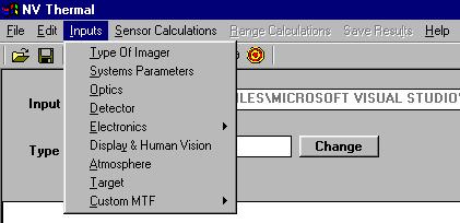 . Model Inputs This is the Inputs menu. Each menu item is described below..1. Type of Imager This is the Type of Imager form.