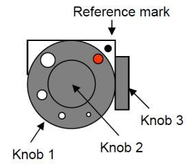 Fig.3: Representation of the knobs for Objective Aperture and for the Selected Area Aperture. 2. Set magnification to 50K for standard corrections. ([MAGNIFICATION] knob on right control panel). 3.