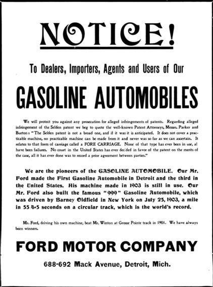 Ford was confident enough to publicly indemnify all distributors and users Through the Selden patent enforcement period, many in industry (including Ford) had obtained legal opinions of its