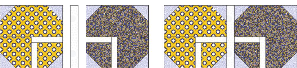 Diagram 13 Diagram 9 5. Block Sashing Rows. Referring to Diagram 14, sew one 1½" Fabric F (blue tonal) square between two 1½" x 8½" Fabric J (white tonal) rectangles for Block Sashing Row.