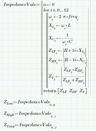 Figure B: PTC Mathcad worksheet showing total impedance calculations for first order RLC circuit.