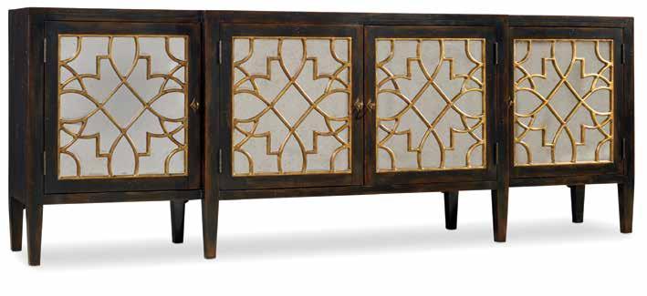 Four-Door Credenza Four doors with painted glass and gold frame; one adjustable