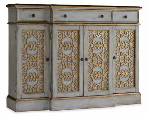 credenza credenza 5346-85001 Thin Console Three drawers, four doors with fretwork, one adjustable shelf behind center two doors, one