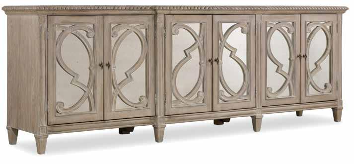 with Pecan Veneer, Antique Mirror and Resin; Four mirrored fretwork doors with two adjustable shelves behind left side and right side