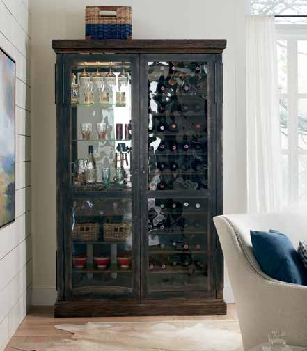 Bottom of footrest to floor: 8 (20 cm) Top of footrest to floor: 7 7/8 (20 cm) 70W x 28D x 42H (178 x 71 x 107 cm) 1618-75917-DKW Roslyn County Wine Cabinet Two metal wrapped wood framed seeded glass