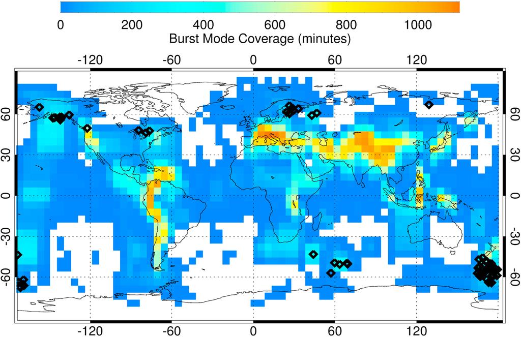 Figure 4. Geographical occurrence of the 92 events observed during the lifetime of the mission (black diamonds). The map also shows the burst mode coverage according to the color scale at the top.