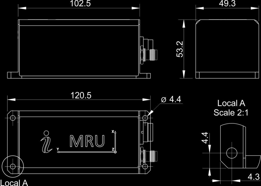 3 B/E/P ±450 deg/sec ±8 g YES YES RS-232 RS-422 RS-485 MRU-B and MRU-E mechanical interface drawing