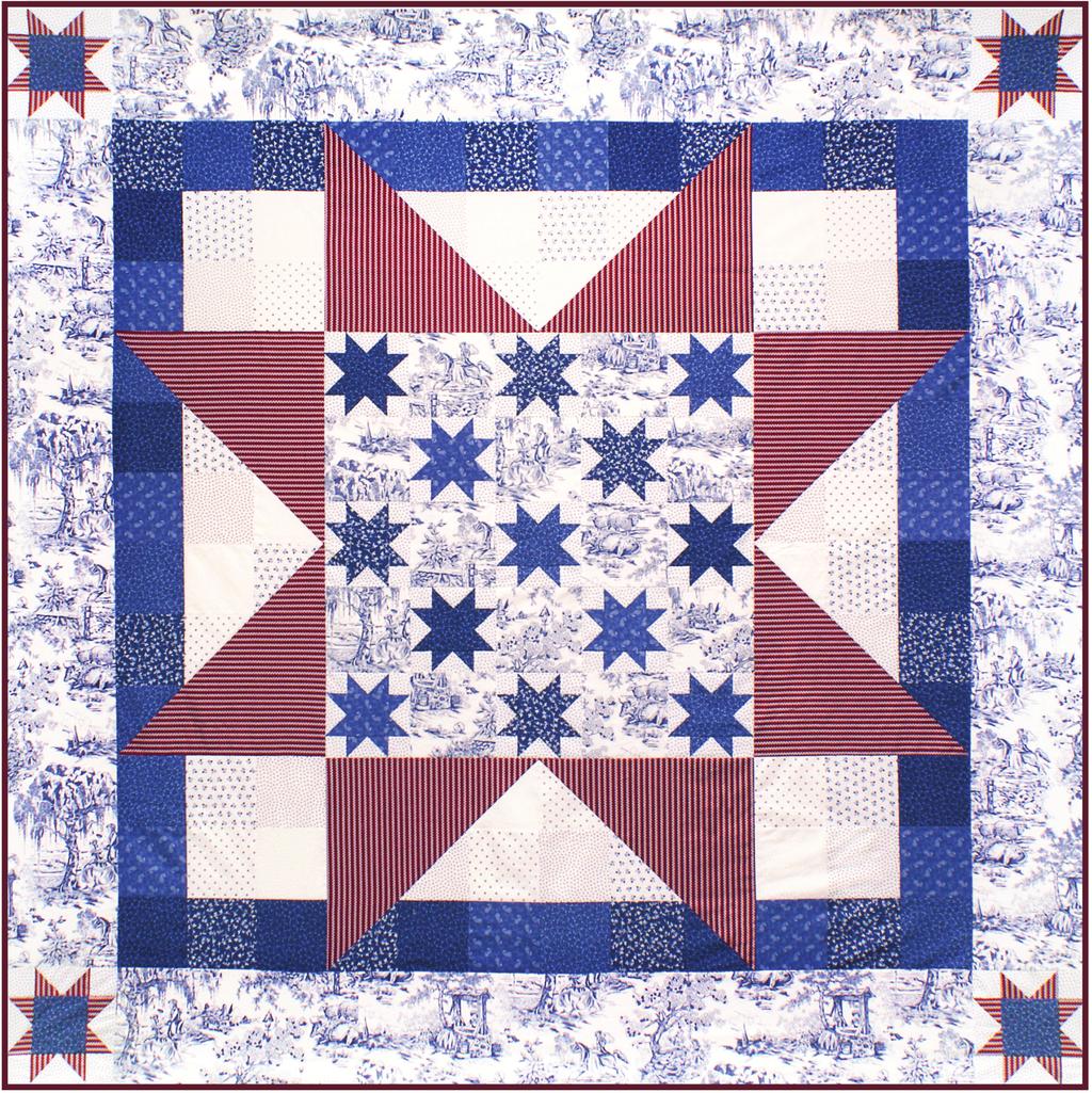 Broad Stripes,Bright Star Designed By Darlene Zimmerman Featuring Classic Mini s by Darlene Zimmerman Supplies Needed: 3 yds Blue Toile (#14432- blue) 1 1/4 yd Red Stripe (#14438-3) 3/4 yd Background