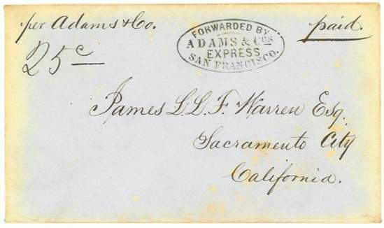 1854-25 Adams Express Rate Adams Poker Chip circa 1854 San Francisco to Sacramento City, California by Adam s Express manuscript 25 rate prepaid