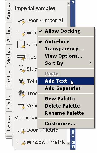 In AutoCAD 2006, you can add text and separator bars for tool palette grouping. When you drag and drop content from a drawing onto a Tool Palette, you create a tool by example.