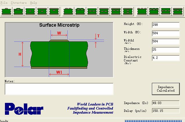Figure8 Surface Mircostrip Calculate Offset Strip Transmission Line,the height between two reference GND is 418um (203+35+180 = 418um), the height between RF