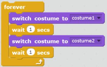 Start Learning Block Explanation Example Switch costume to costume.