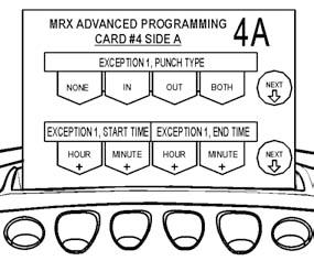 To create Exception Zone 1, perform the following: 1. Insert MRX Advanced Programming Card #4 Side A. The card will stop at the Exception 1, Punch Type position. 2.