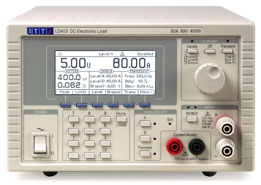 LD400 & LD400P Electronic DC Loads 80 amps, 80 volts, 400 watts Versatile solution for testing dc power sources current, resistance, conductance, voltage and power modes Wide voltage and current