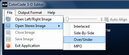 File / Open Stereo Image Here you can open Stereo Images in Interlaced, Side-By-Side, Over/Under and MPO format.