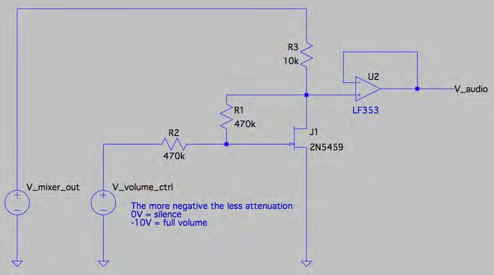 Figure 11: Voltage Controlled Attenuator The circuit is a voltage divider where the output is of the form: v audio = R var R var + R 3 v mixer out (7) R var is the variable resistance due to the