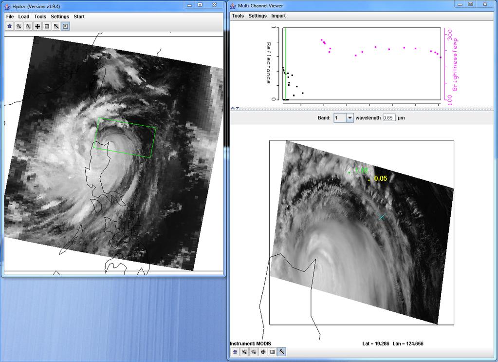 Figure 10: Terra MODIS data segment showing the Philippines and Typhoon Nanmadol observed on 27 August 2011, at 02:25 UTC. 4b). Examine the storm using the visible bands 1 (.65µm), 6 (1.