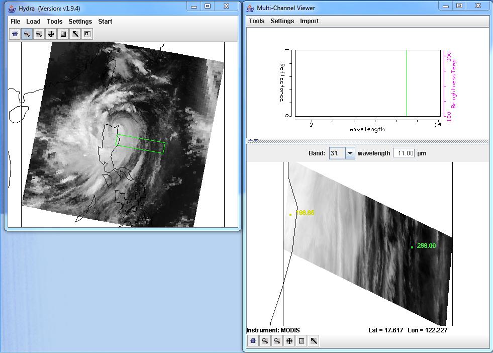 Figure 11: Terra MODIS data through a thin slice of Typhoon Nanmadol observed on 27 August 2011, at 02:25 UTC. 4e). Now select the small slice of data shown in Figure 11.