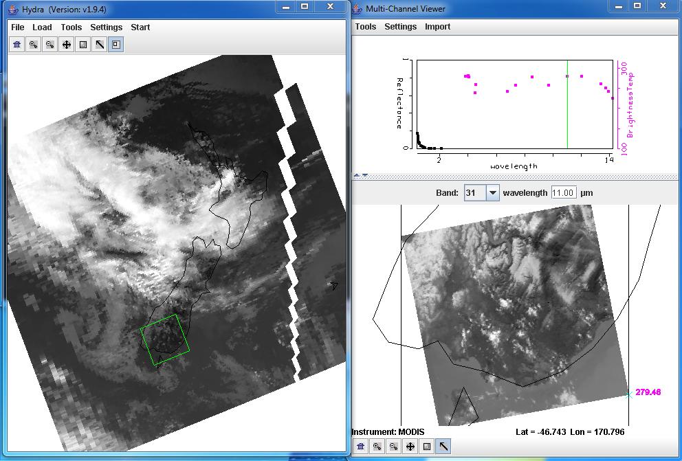 Figure 5: Reduced and full resolution sub-scene from MODIS data observations from 28 August 2011. 2b). Display Band 1 (.65 µm) in the Multi-Channel Viewer.