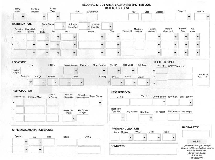 Detection Form A detection form will be filled out whenever an owl(s) is detected on a call-point or walk-in survey. A blank detection form is shown below.
