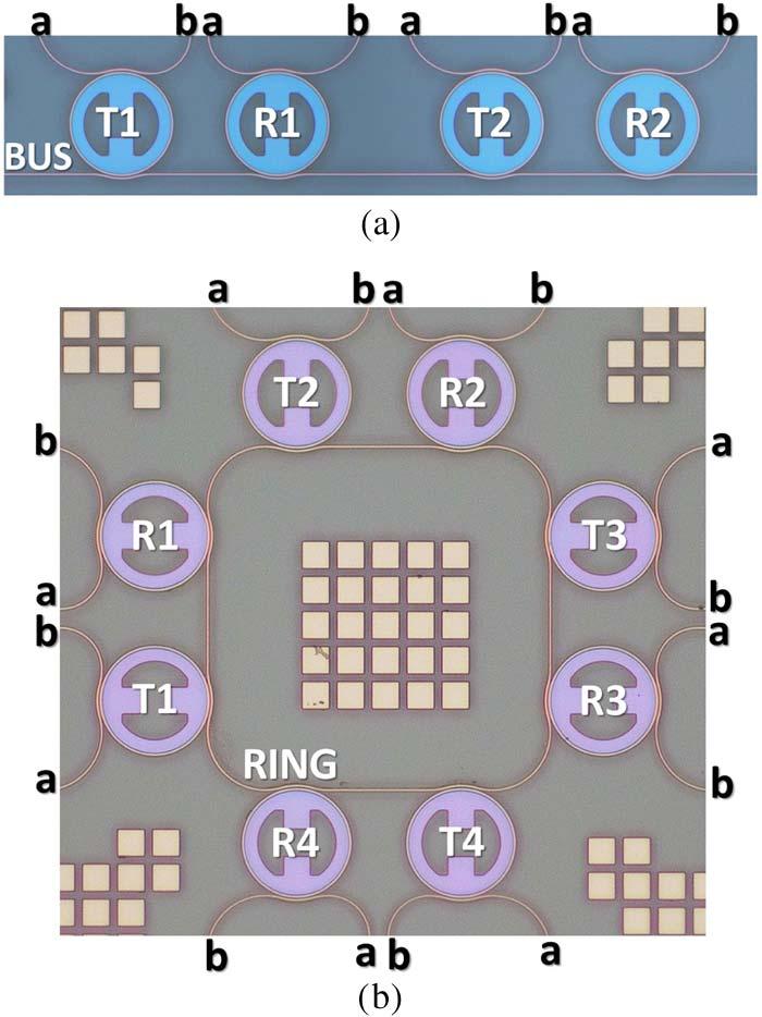 Fig. 1. Photonic integrated circuits implementing the NoCs. (a) Bus NoC. (b) Ring NoC. the add/drop behavior of resonating microrings.