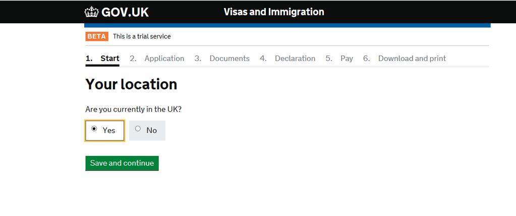The ribbon at the top of the page shows the different sections of the online application. You must be applying from within the UK to use this application form.