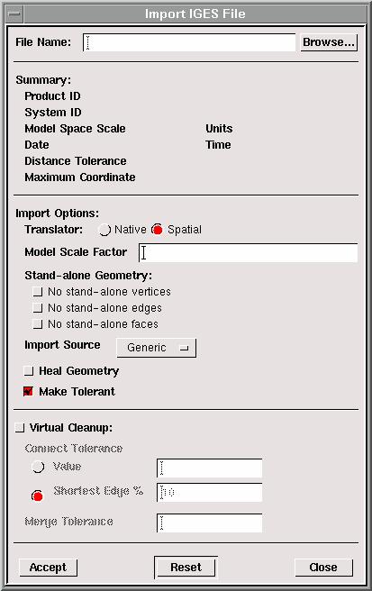 File Commands GAMBIT MENU COMMANDS Using the Import IGES File Form The Import IGES File form (see below) allows you to import geometry from IGES files.