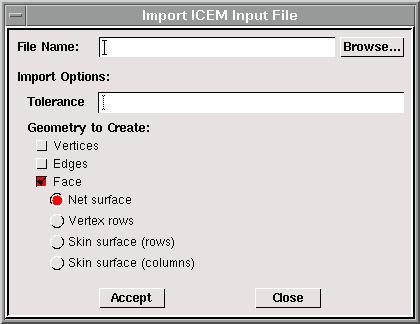 GAMBIT MENU COMMANDS File Commands Using the Import ICEM Input File Form The Import ICEM Input File form (see below) allows you to import geometry from ICEM data.
