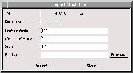 File Commands GAMBIT MENU COMMANDS Specifying the Merge Tolerance The Merge Tolerance value specifies the maximum distance between mergeable nodes in the imported mesh.