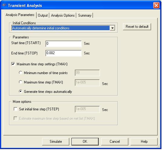 3. Set up the circuit simulation profile. The Simulation Settings window is shown in Figure 10. Given the frequency of the input, enter a run time that will show two periods of the signal.