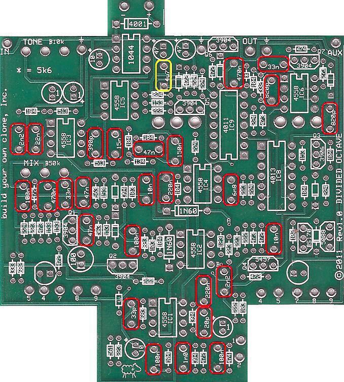 Step 4: Add the film capacitor. These are not polarized and can be inserted into the PCB either way. Note: The 4.