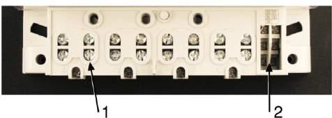 Up to 6 auxiliary terminals (item 2) can be fitted in the right side of the current terminals. They can be utilized for M-Bus and optomos relay impulse output or optomos relay control output.
