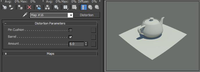 To create distortion in 3ds Max, be sure you have un-hidden the mia_lens_bokeh, as in the CA example above.