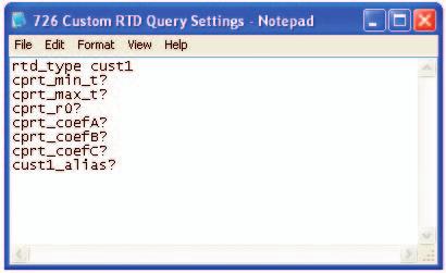 Set the RTD type to the one of the custom types (CUST1, CUST2 or CUST3) 2. Set the minimum and maximum temperatures for the custom RTD 3. Set the constants R0, A, B, and C 4.
