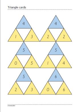 B) Triangle cards. The teacher asks what are the missing addends of the Triangle cards (10 cards). In other words, one yellow triangle has been turned over and hidden.
