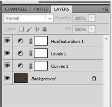 Now, create three adjustment layers for your photo: Layer > New Adjustment Layer > Curves Layer > New Adjustment Layer > Levels Layer > New