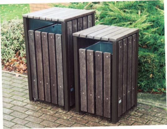 FLINT AND RHYL BINS WITH LIDS 450 Flint and Rhyl with lids Flint Bin with lid Flint Bin with lid These bins have polyboard slats riveted to welded steel frames.