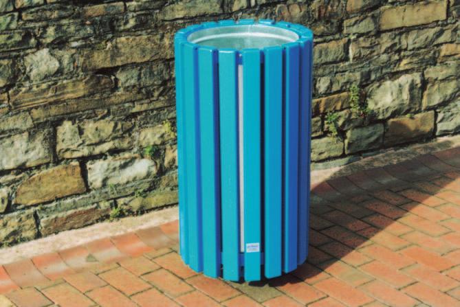 CAMBRIDGE BIN Similar to the Ruthin, but with box section slats, this bin has a smoother profile. It is highly resistant to fire, and to attack by vandals.