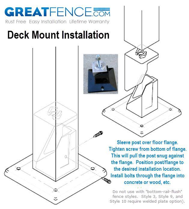 Installing Aluminum Fencing on top of a cement, tile or wood deck For fence panels and gates up to 48 h, you will need Deck Mounts along with posts.