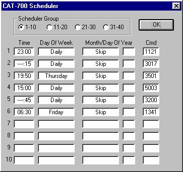 Scheduler From the scheduler window, place the hand on the TIME cell and double click. The SCHEDULER POSITION window will appear. Place the hand on the COMMAND cell and double click.